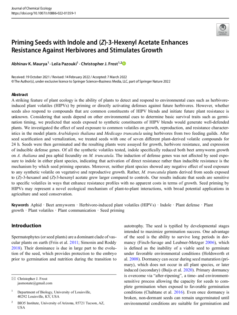 Journal of chemical ecology में छपी रिसर्च रिपोर्ट का कुछ अंश
